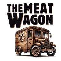 The Meat Wagon logo depicting a vintage meat delivery van, and featuring the business name in an old western-style font